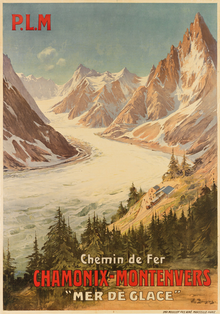 EUGÈNE V. BOURGEOIS (1855-1909). CHAMONIX - MONTENVERS / MER DE GLACE. Circa 1910. 41x29 inches, 104x73 cm. Moullot Fils Ainé, Marsei